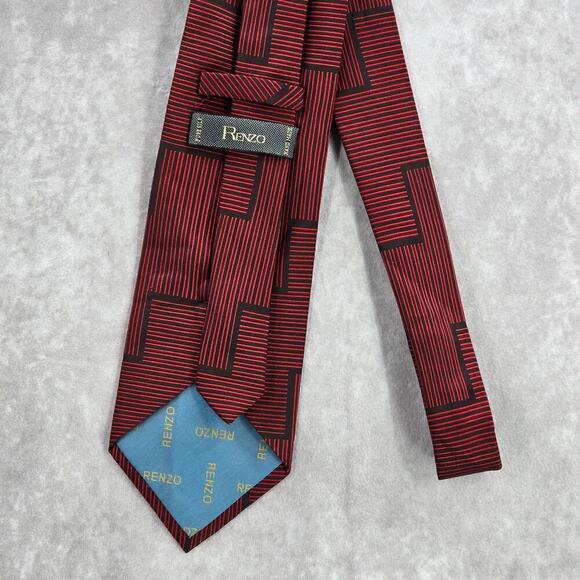 Renzo Red Navy Blue Stripe Pure 100% Silk Handmade Executive Men's Neck Tie - Picture 3 of 6